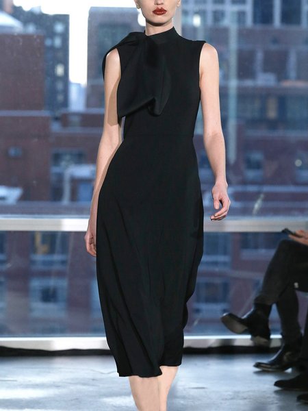 

Tie Neck Solid Elegant Sleeveless Midi Dress, Black, Midi Dresses