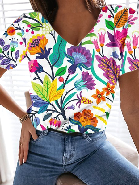 

Colorful Floral Cute Print V-Neck T-Shirt, Multicolor, T-Shirts
