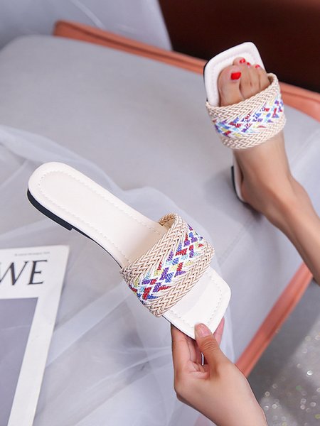 

JFN Ethnic Totem Woven Bohemian Slippers, Beige, Women Shoes>>Women's Shoes>>Women sandals Slippers
