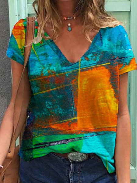 

Gradient Print Casual Knit Short Sleeve T-Shirt, Multicolor, Tops
