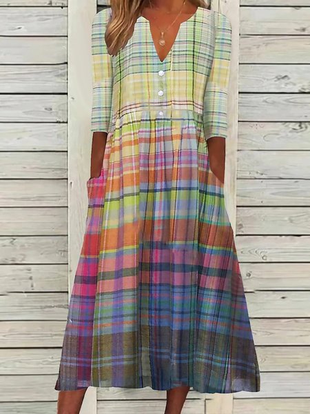 

Striped Short Sleeve Woven Dress, As picture, Midi Dresses