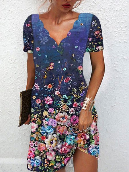 

Casual V Neck Floral Short Sleeve Dress, Blue, Mini Dresses