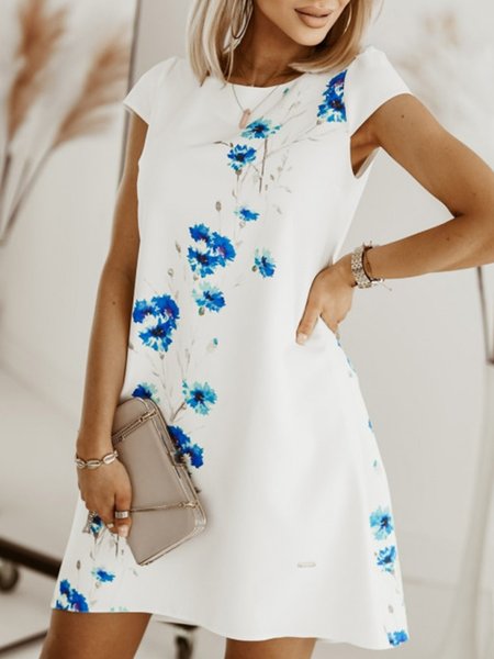

Elegant Crew Neck Regular Fit Short Sleeve Woven Dress, White, Dresses