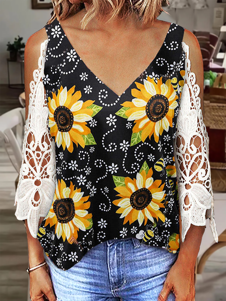 

Sunflower Print Drop-Shoulder Lace Panel Sleeve V-Neck Top, Black, Tops