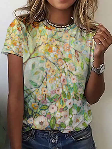 

Floral Short Sleeve T-Shirt, As picture, T-shirts