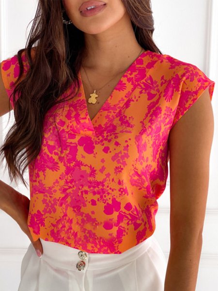 

Boho V Neck Polka Dots Short Sleeve Tops, Orange red, Tops