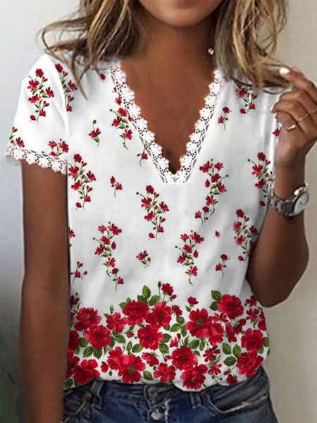 

Vacation Loosen V Neck Short Sleeve T-Shirt, White, T-Shirts