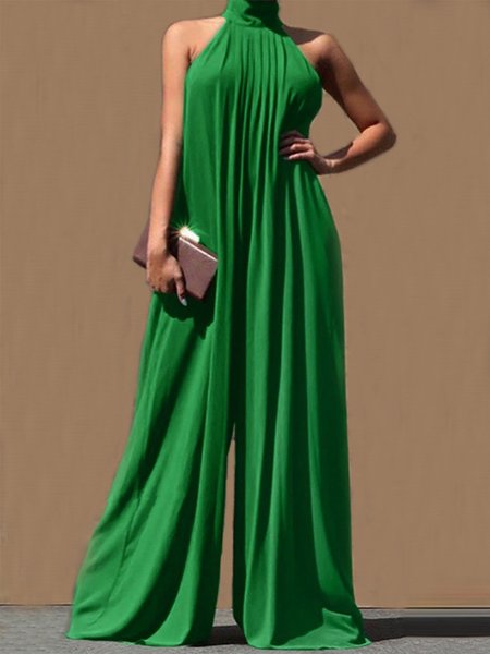 

Sleeveless Halter Solid Casual Jumpsuit, Green, Jumpsuits