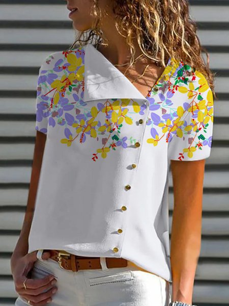 

Vacation Lapel Floral Short Sleeve Blouse, White, Tops