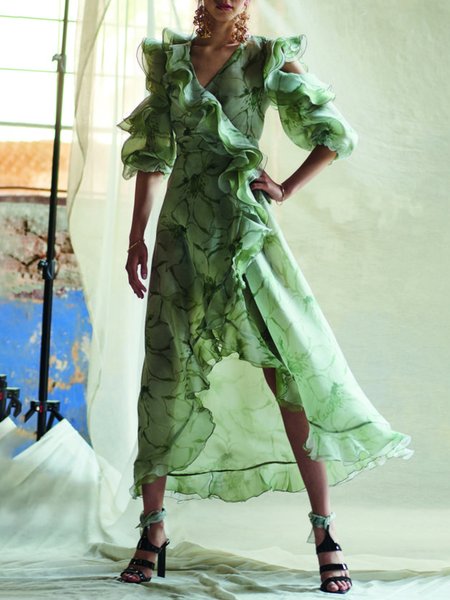 

Elegant Short Sleeve Woven Midi Dress, Green, Maxi Dresses