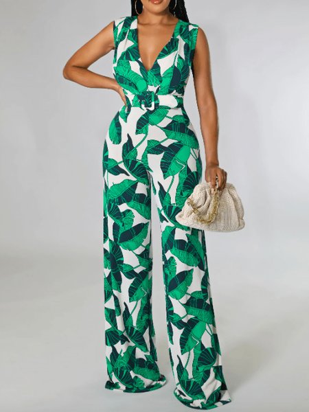 

Summer Non-Stretch Lightweight Vacation Leaves Jumpsuit & Romper, Green, Jumpsuits