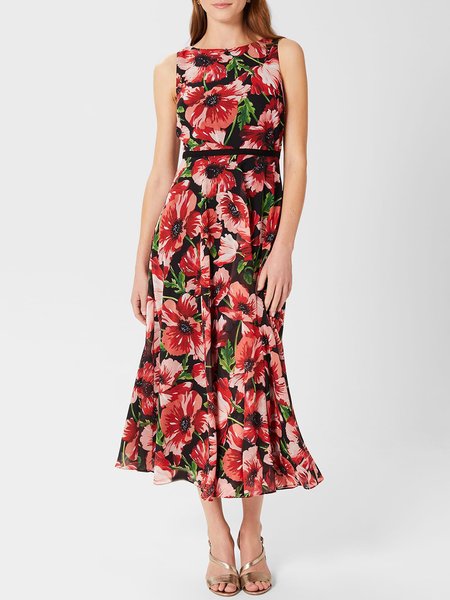 

Vacation Sleeveless printed Crew Neck Dress, Red, Maxi Dresses