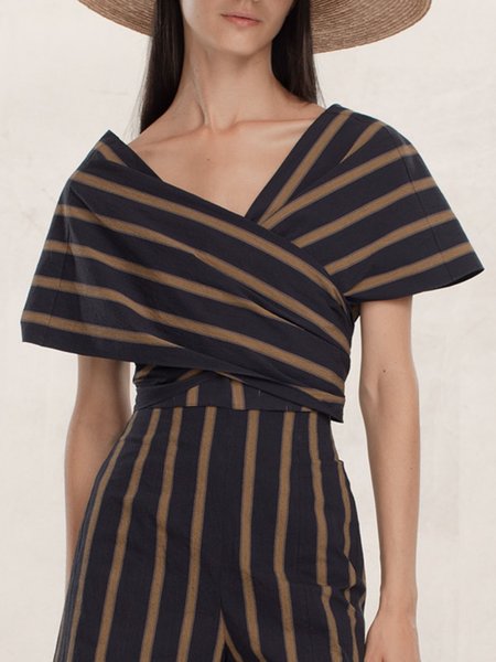 

Casual Loosen V Neck Short Sleeve Tops, Stripe, Tops