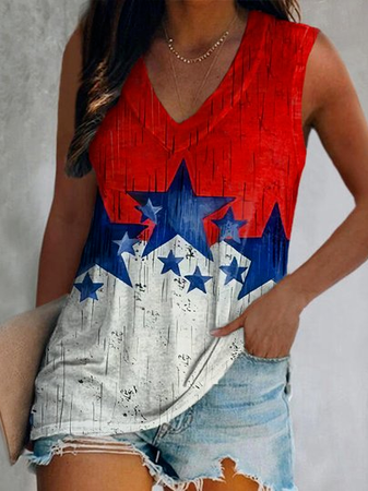 

Flag Regular Fit V Neck Casual Knit, Red, Tops