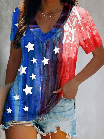 

Flag Casual V Neck Regular Fit Short Sleeve T-Shirt, Red-blue, Tees & T-shirts