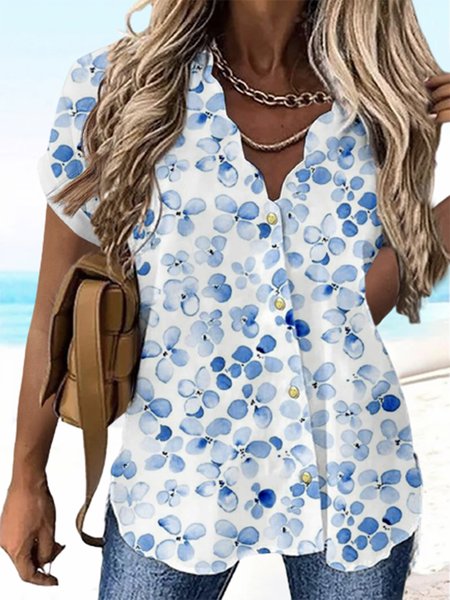 

Floral V Neck Short Sleeve Plus Size Casual Shirts, White-blue, Blouses & Shirts