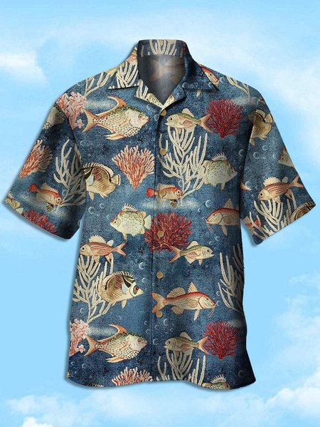 

Men's Ocean Print Hawaiian Short Sleeve Shirt, Blue, Men's Floral shirt
