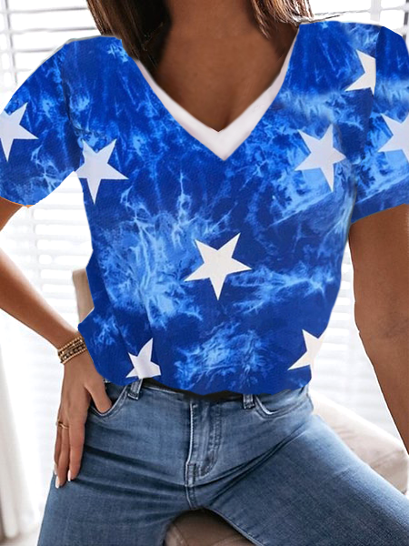 

Blue Gradient Tie-Dye Stars Print Double Contrast V-Neck T-Shirt, T-Shirts