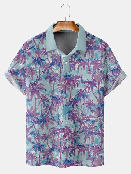 

Holiday Style Hawaii Series Gradient Plant Leaves Coconut Tree Elements Lapel Short-Sleeved Polo Print Top, Multicolor, Men's t-shirts