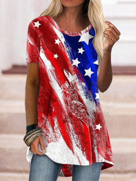 

Crew Neck Loosen Flag Short Sleeve T-Shirt, Multicolor, T-Shirts