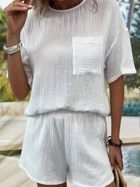 

Casual Plain Loosen Two Piece Sets, White, Two-piece Outfits