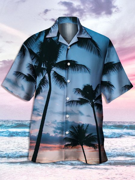 

Mens Fancy Hawaiian Coconut Tree Print Casual Short Sleeve Aloha Shirts, Blue, Men's Floral shirt