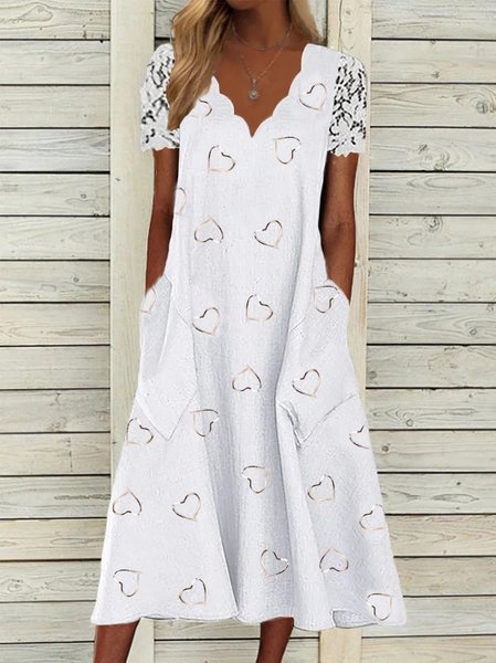 

Heart Casual Short Sleeve Women Dress, White, Midi Dresses