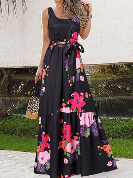 

Floral Loosen Square Neck Sleeveless Woven Dress, Black, Maxi Dresses