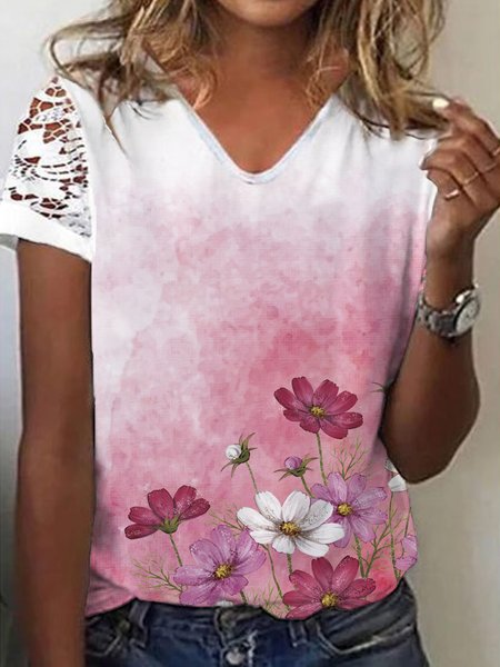 

Floral Short Sleeve V-Neck Knit Women's T-Shirt, Multicolor, Tops