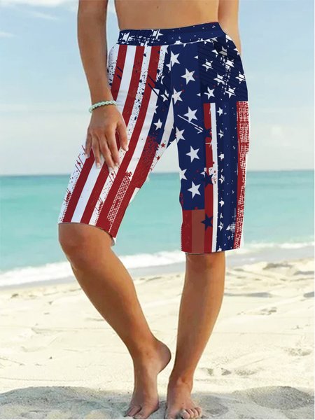 

Geometric stripe star flag print pocket elastic waist pants shorts plus size, Multicolor, Shorts