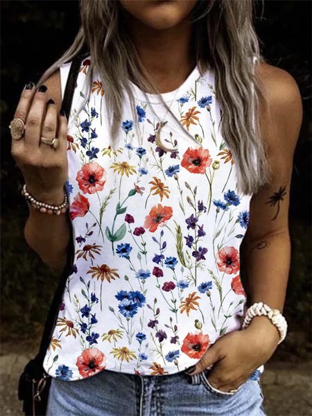 

Floral Sleeveless Crew Neck Plus Size Casual Knit, White, Tank Top