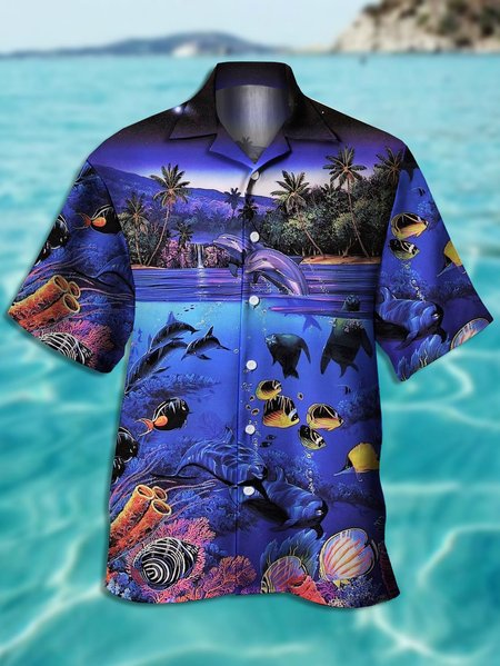 

Men's Ocean Print Hawaiian Short Sleeve Shirt, Blue, Men's Floral shirt