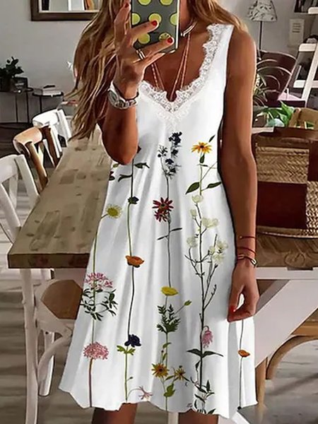 Buy Floral V Neck Casual Sleeveless Knitting Dresses, Mini Dresses, Zolucky, White