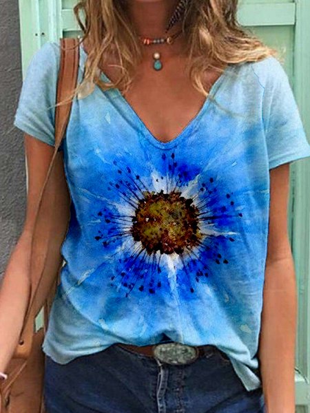 

Floral Gradient V-Neck Casual Knit Short Sleeve T-Shirt, Multicolor, T-Shirts