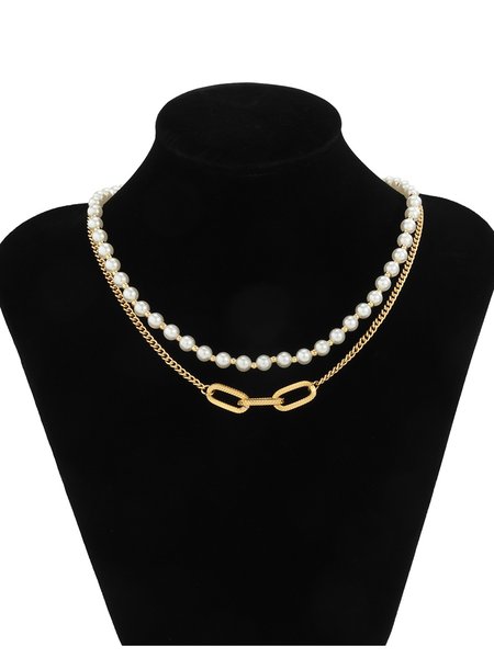 

Vintage Pearl Geometric Metal Chain Multilayer Necklace, Golden, Necklaces