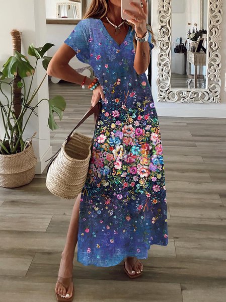 

Casual Floral V neck Loosen Short Sleeve Knit Dress, Blue, Maxi Dresses