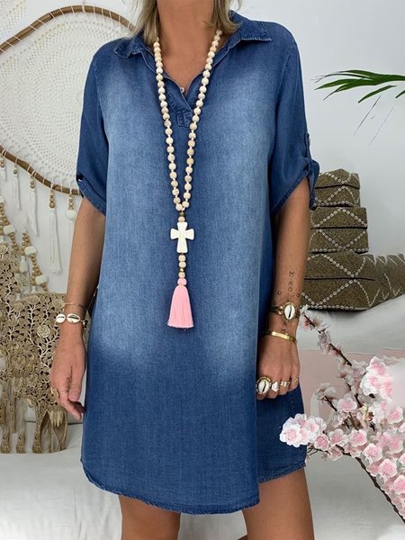 

Casual Solid Loosen Half sleeve Woven Dress, Blue, Mini Dresses