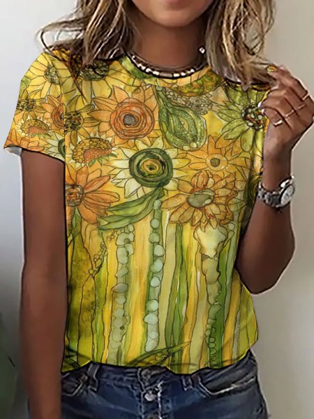 

Womens Sunflower Print Casual Short Sleeve T-Shirt, As picture, T-shirts