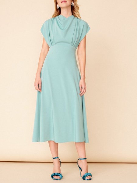 

Loosen Elegant Short Sleeve Woven Dress, Blue, Midi Dresses