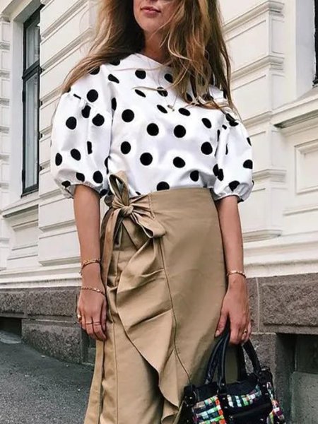 

Crew Neck Polka Dots Simple Short Sleeve Top, White, Tops