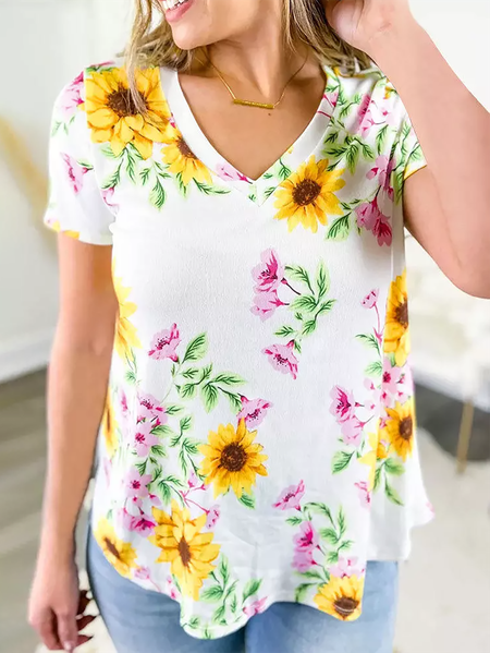 

Floral Printed Casual V Neck Regular Fit Short Sleeve T-Shirt, White, Tunics
