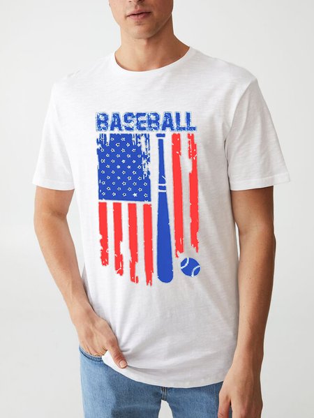 

Vintage Cool Baseball American Flag Print Crew Neck T-shirt, White, T-shirts
