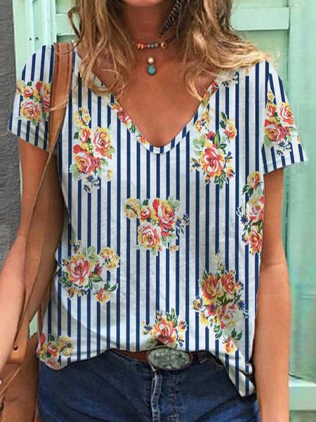 

Floral Striped V Neck Casual Loosen Short Sleeve T-Shirt, Blue, T-Shirts