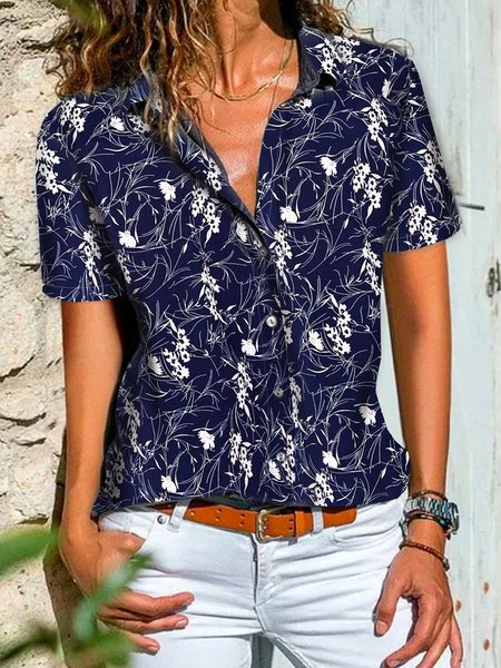 

Casual Floral Printed Short Sleeve Blouse, Navy blue, Blouses & Shirts