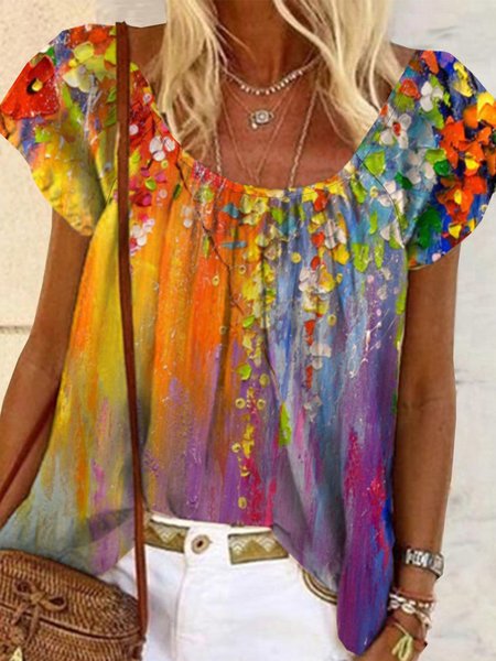 

Ombre Casual Short Sleeve Tops, Flower, Tops