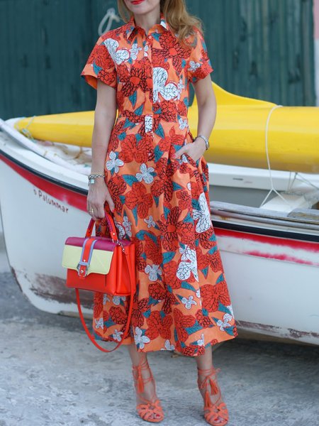 

Shirt Collar Simple Short Sleeve Woven Dress, Red, Maxi Dresses