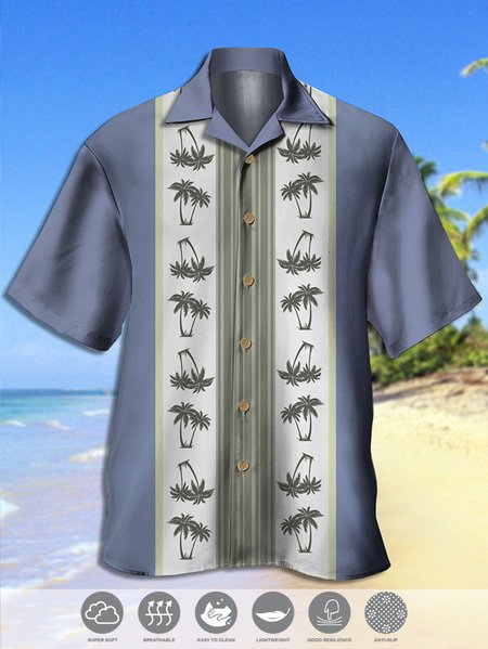 

Men's Vintage Striped Coconut Tree Print Casual Breathable Hawaiian Short Sleeve Shirt, Blue, Men's Floral shirt