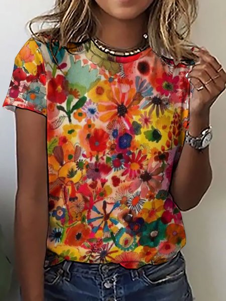 

Womens Flower Print Abstract Short Sleeve T-Shirt, As picture, T-shirts