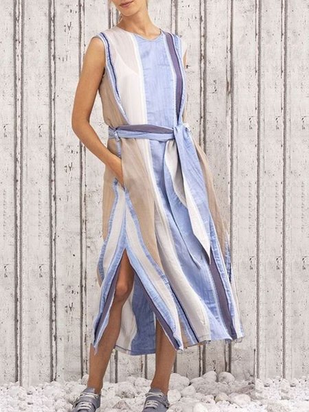 

Crew Neck Casual Striped Sleeveless Woven Dress, Stripe, Midi Dresses