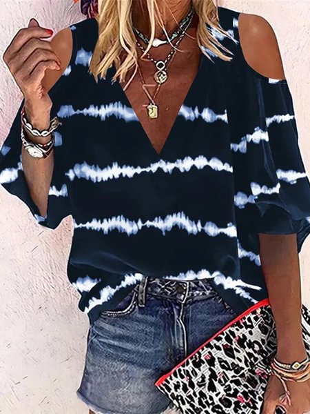 

V Neck Loosen Casual Short Sleeve Tops, As picture, Tops